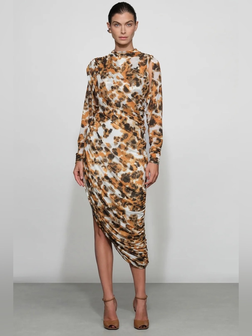 Draped Long-Sleeve Floral Midi Dress in Brown & Cream 6